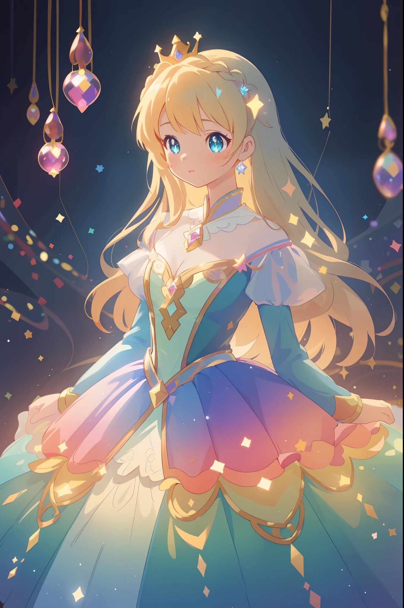 beautiful anime girl, princess, colorful fantasy princess layered ballgown, colorful rainbow layered ballgown dress, fantasia background, sparkling lights, sparkling ballgown, twinkling lights, magical, soft pastel colors, (masterpiece), best quality, sharp focus, intricate details, highly detailed, detailed dress design, sharp focus, high resolution, 8k resolution, beautiful face, golden ratio, perfection, perfect composition, sparkling eyes, highly detailed eyes, perfect face, beautiful, sparkling lights, dark background, cinematic lighting, long wavy blonde hair