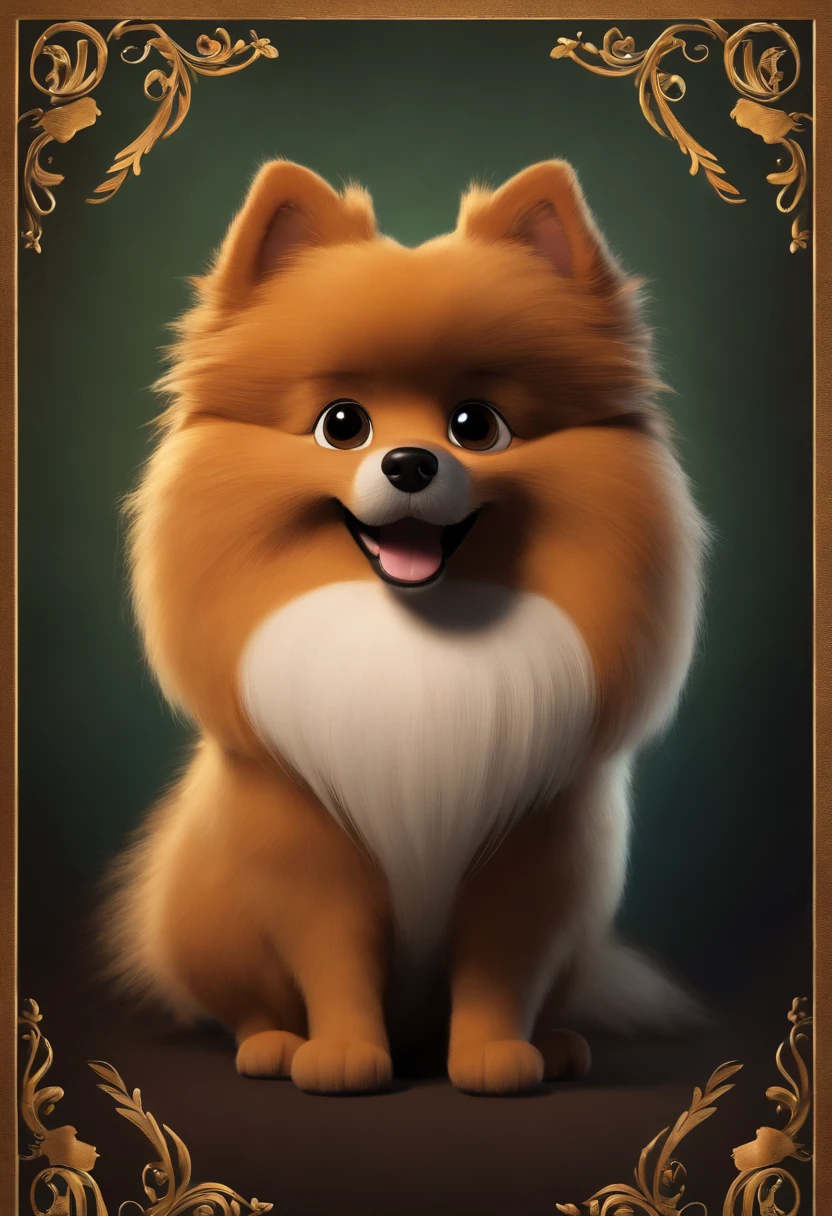 Animated poster for the Disney Pixar film of a small German spitz with black-colored fur and a mustache and beard caramel-coloured, e com cabelos cor de preto, grandes olhos negros, muito peludo!