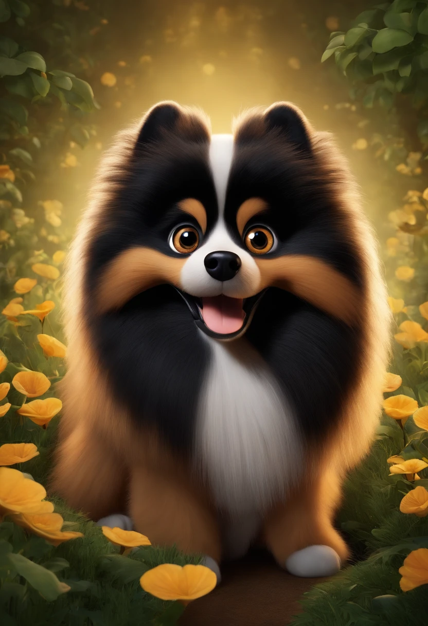 Animated poster for the Disney Pixar film of a small German spitz with black-colored fur and a mustache and beard caramel-coloured, e com cabelos cor de preto, grandes olhos negros, muito peludo!