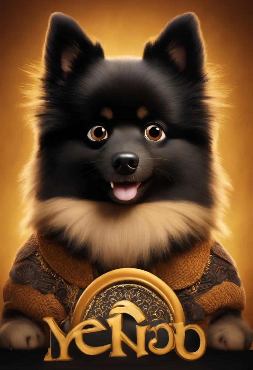 Animated poster for the Disney Pixar film of a small German spitz with black-colored fur and a mustache and beard caramel-coloured, e com cabelos cor de preto, grandes olhos negros, muito peludo!