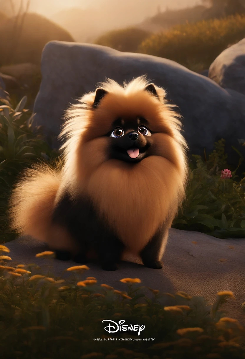 Animated poster for the Disney Pixar film of a small German spitz with black-colored fur and a mustache and beard caramel-coloured, e com cabelos cor de preto, grandes olhos negros, muito peludo!
