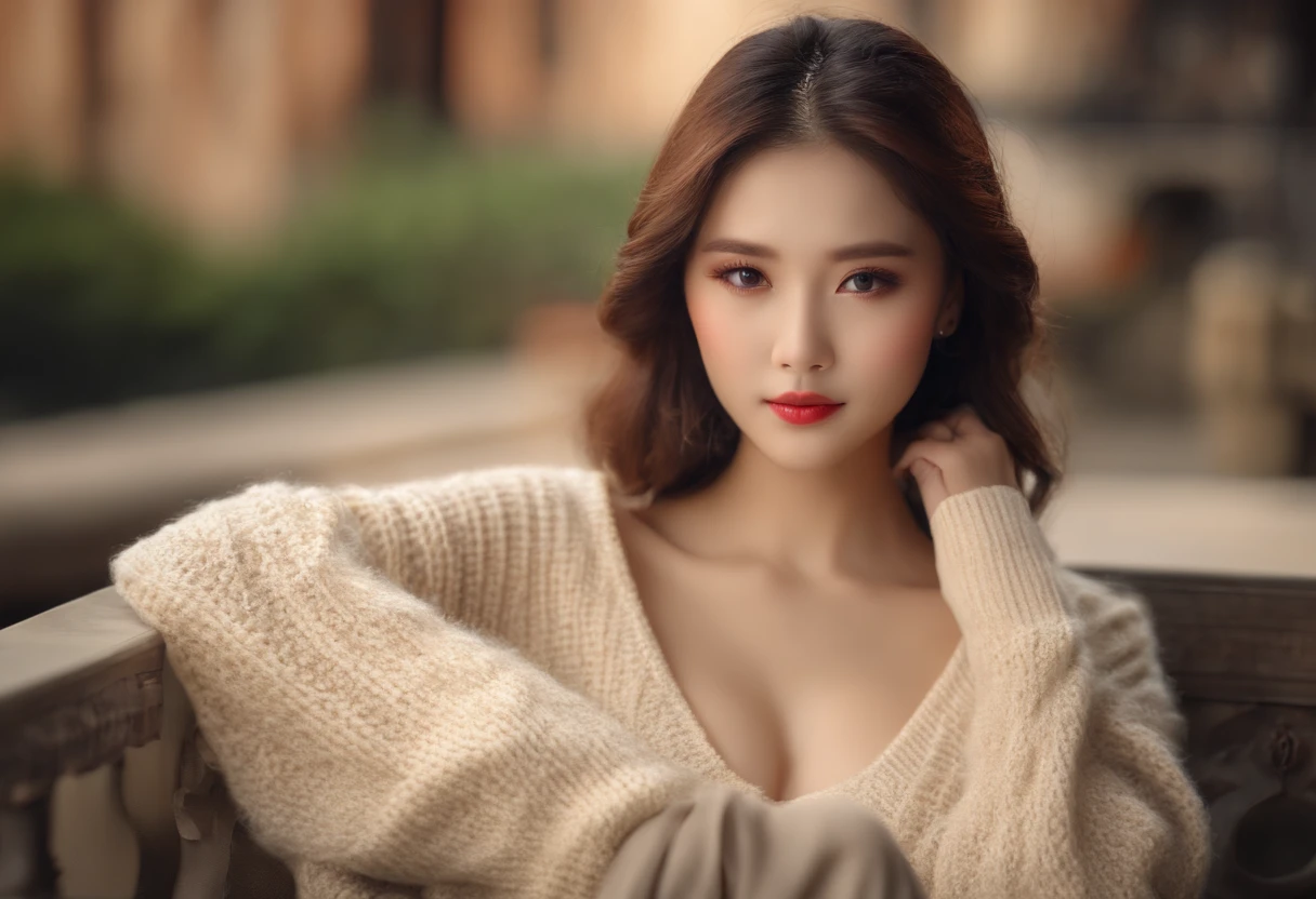 Best quality, masutepiece, 超A high resolution, (Photorealistic:1.4), RAW photo, Professional lighting, high-level image quality, high detal, tmasterpiece、a 25 year old girl、Sexy knitted sweater、Beautiful breasts、Beautiful butt、toned waist、Moist eyes、staring at the audience、beautiful countenance、sexyposture