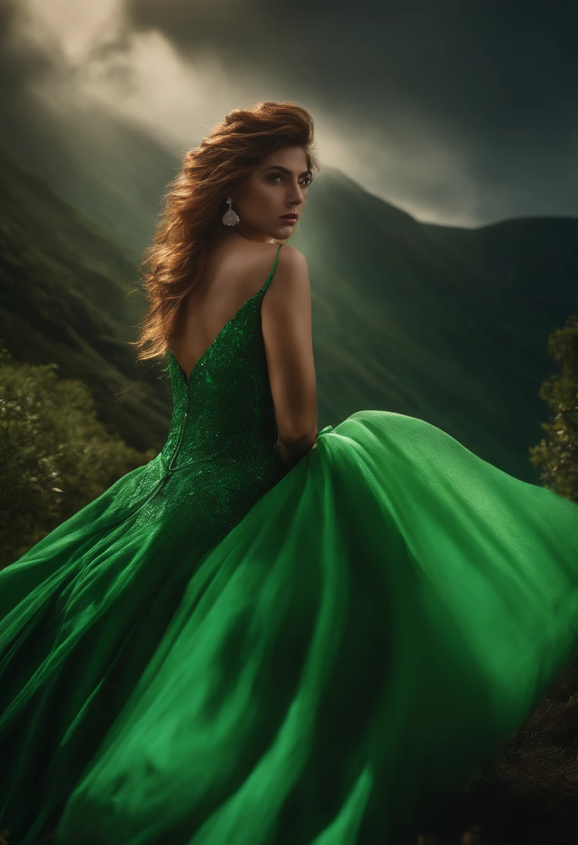 lady with a green gown flowing in air very big area . 