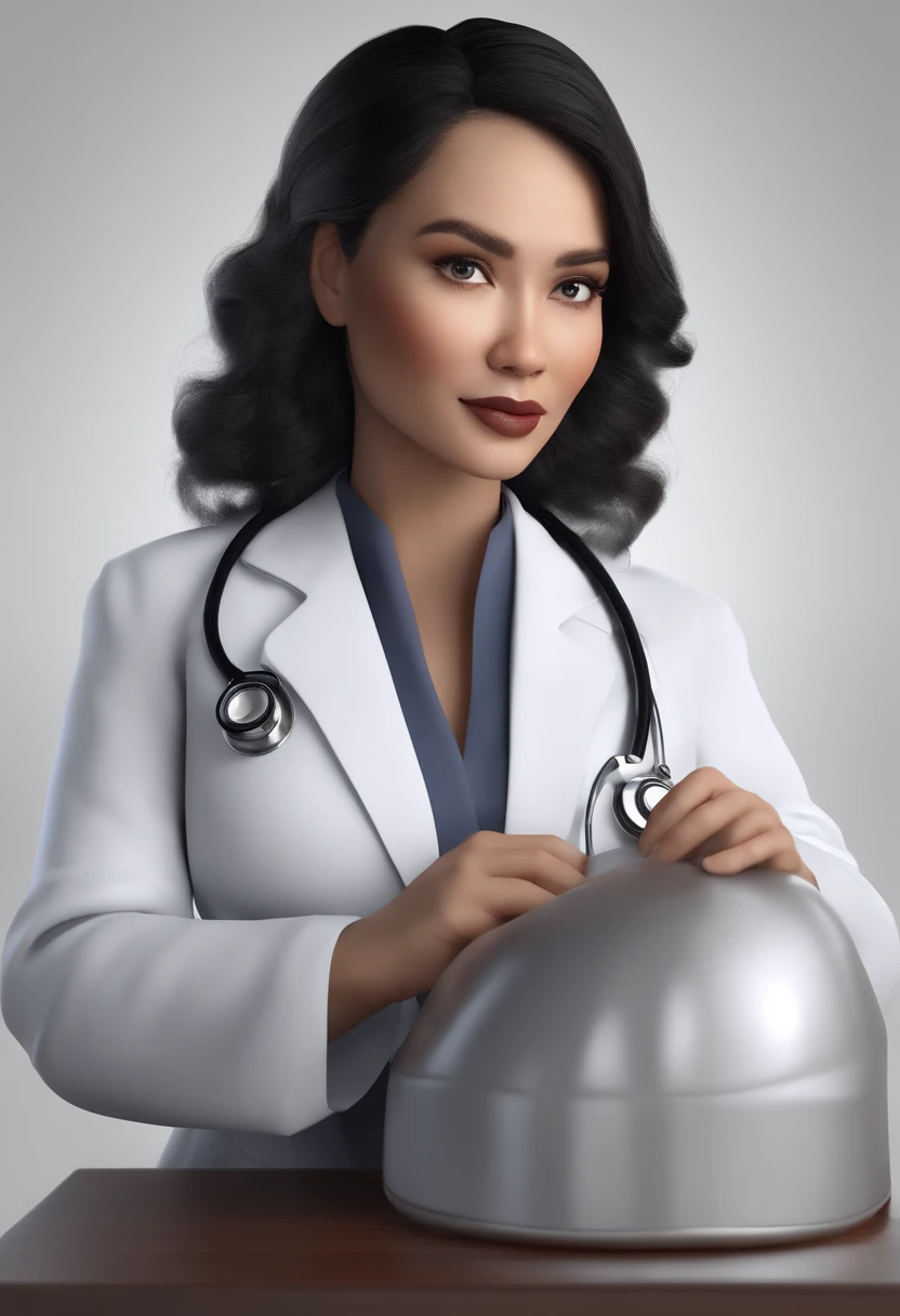 Mulher japonesa de cabelo preto curto, wearing a doctor's lab coat, , fundo branco, barnet, Tom, Estilo Pixar, ....3d, desenhos animados, rosto detalhado, asymmetrical 16k