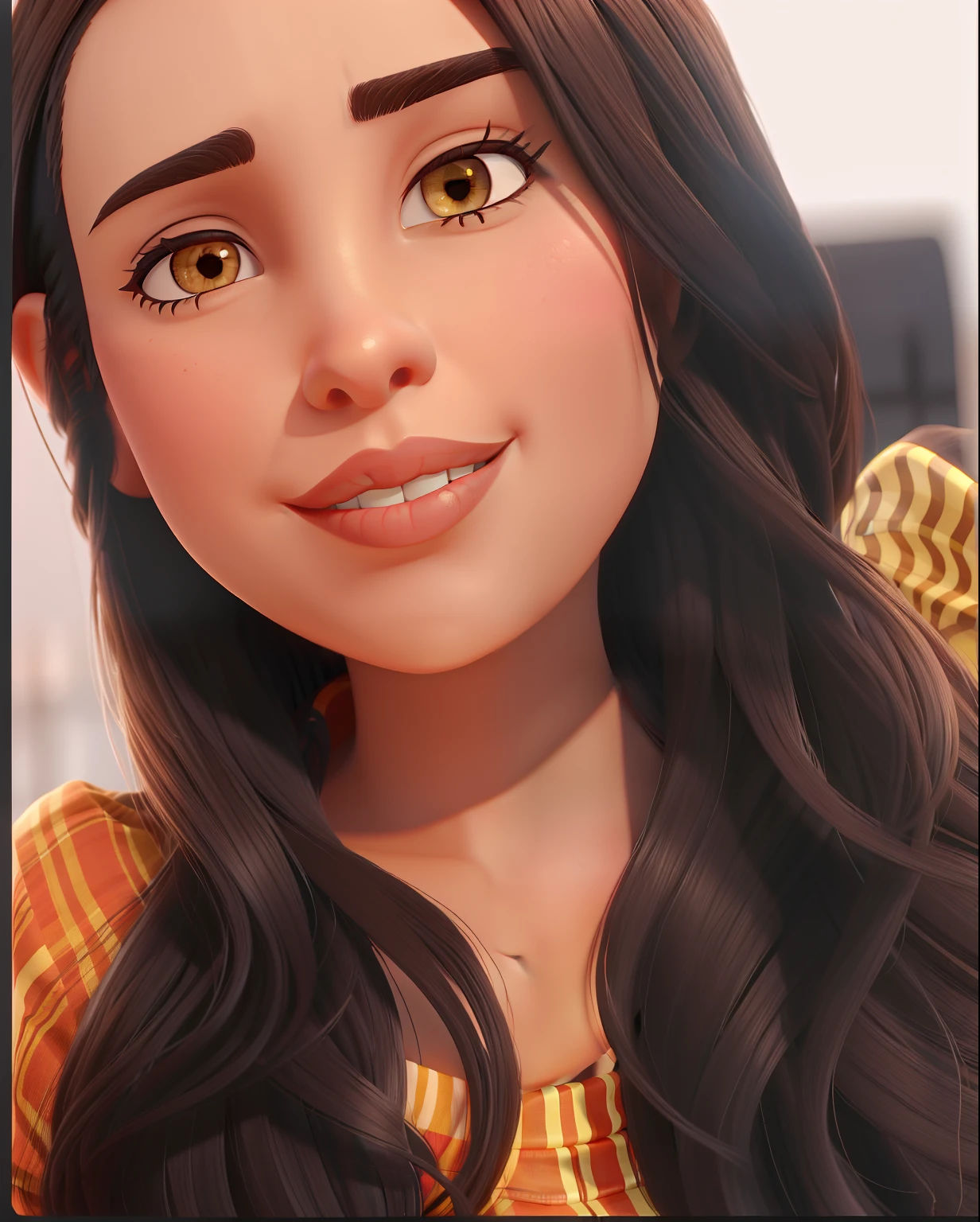 A 27-year-old woman with long, dark hair, chocolate-colored brown skin with full lips and a thin nose, Eyes slightly slanted like an Indian woman, rosto oval com queixo fino