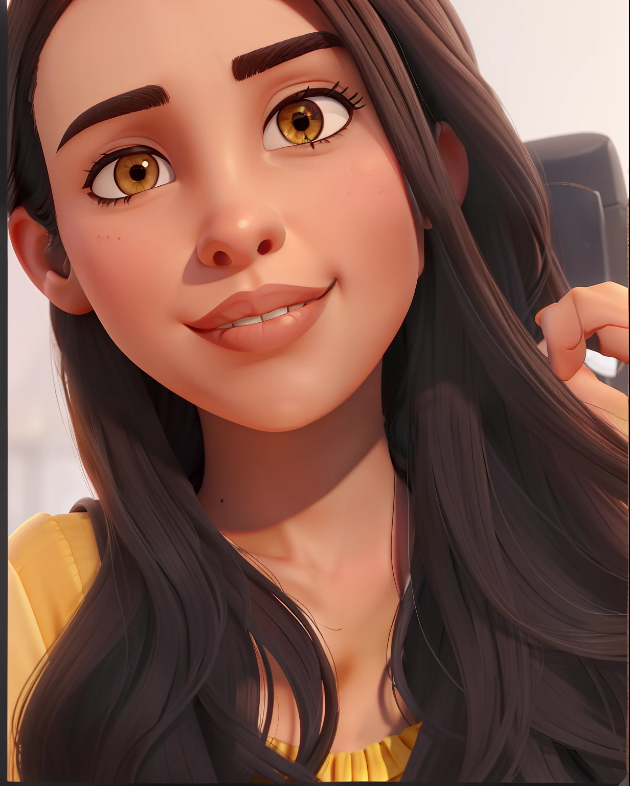A 27-year-old woman with long, dark hair, chocolate-colored brown skin with full lips and a thin nose, Eyes slightly slanted like an Indian woman, rosto oval com queixo fino