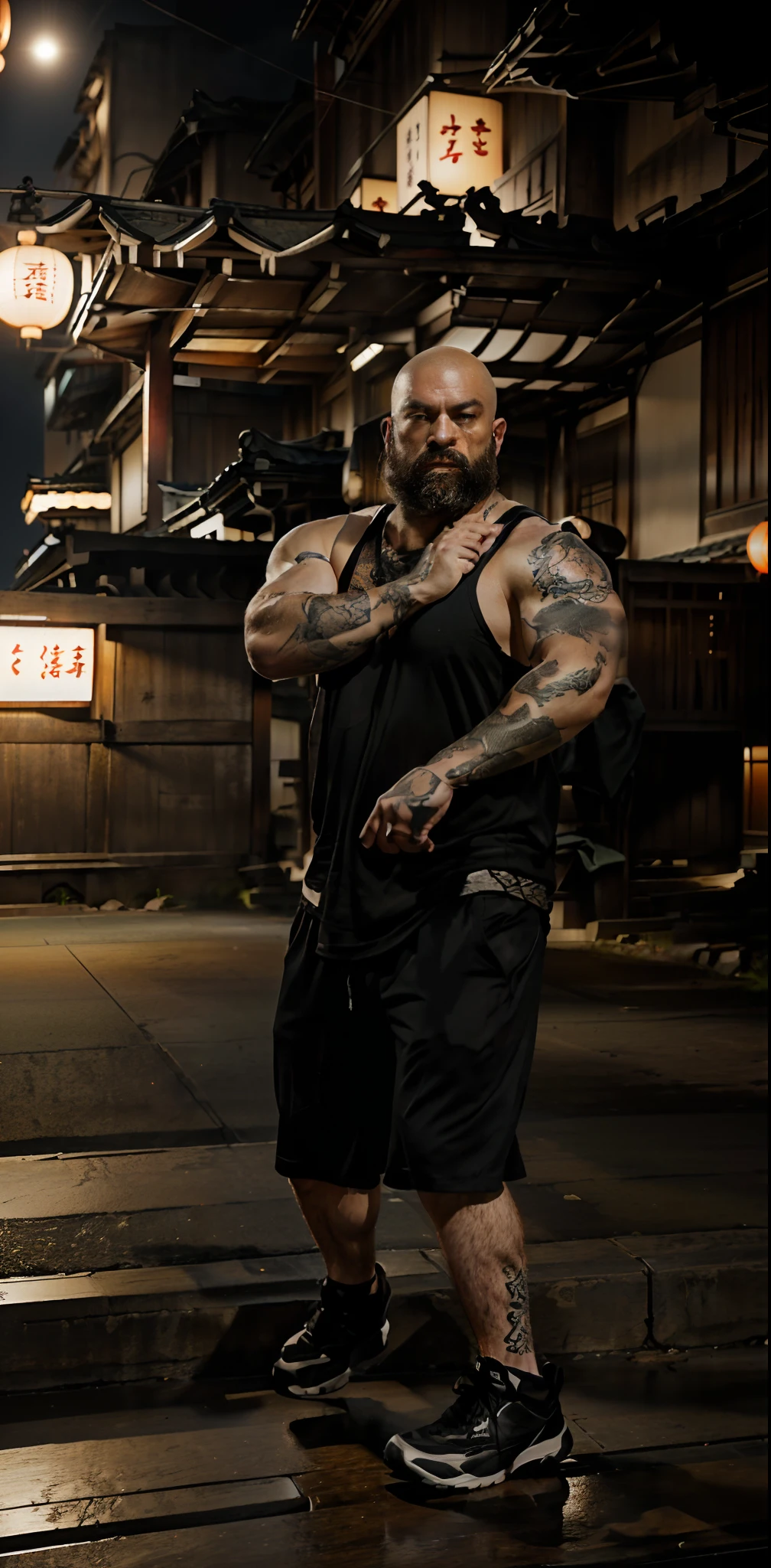 White male, very muscular, bald headed, thick black beard, tattoos, wearing black shorts, black tank top, standing in kung fu stance, old Japanese town at night, ultra realistic, ultra detailed, 8k, cinematic style, movie lighting,