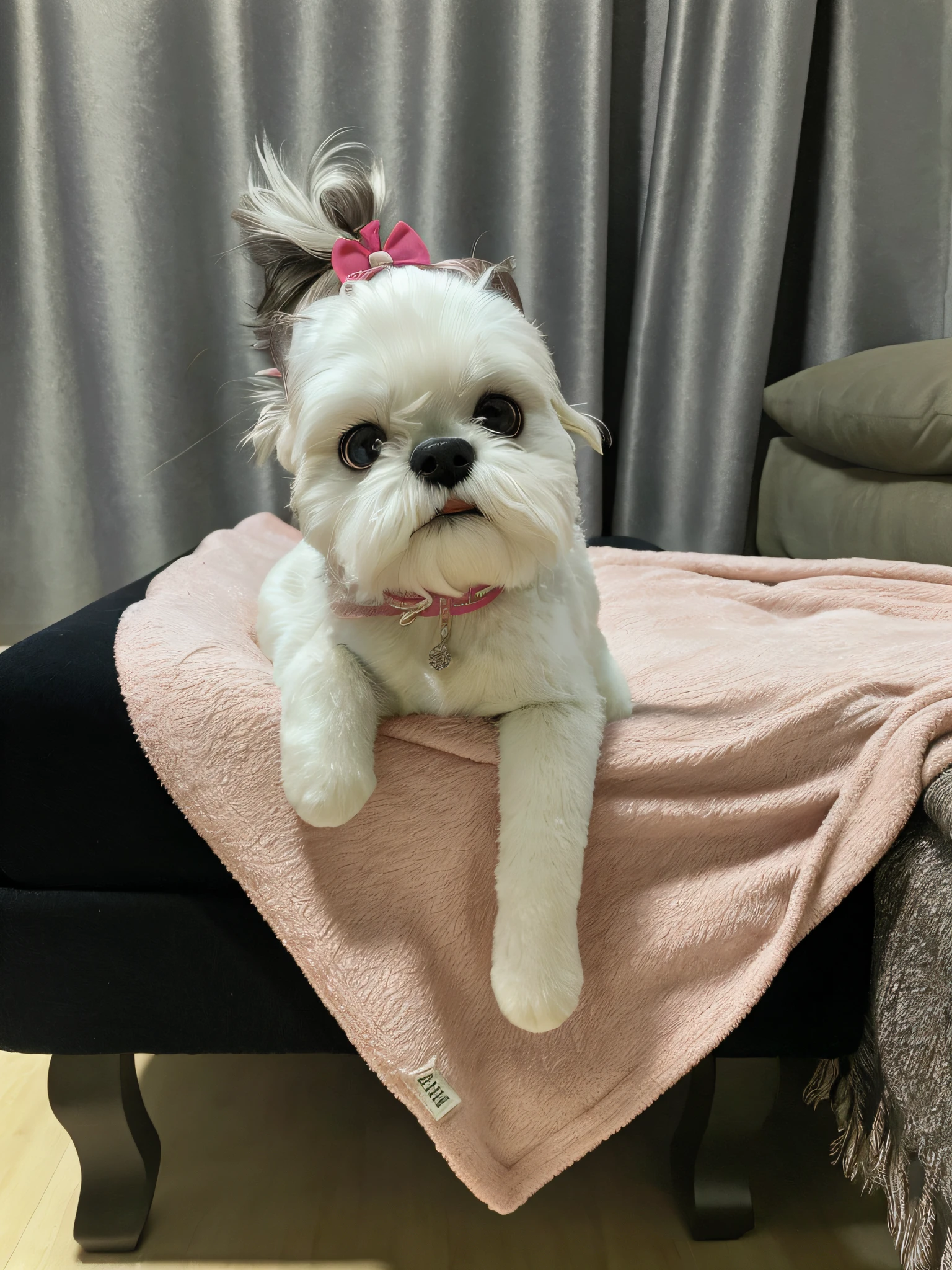 Shih tzu breed dog lying on a blanket on a bed with a pink bow, Shih Tzu, sentada em sua cama, small white dog at her side, 2 anos, peludo bonito, sentado na cama, muito elegante, olhar orgulhoso, olhar orgulhoso, com pelo fofo branco, muito bobo olhando