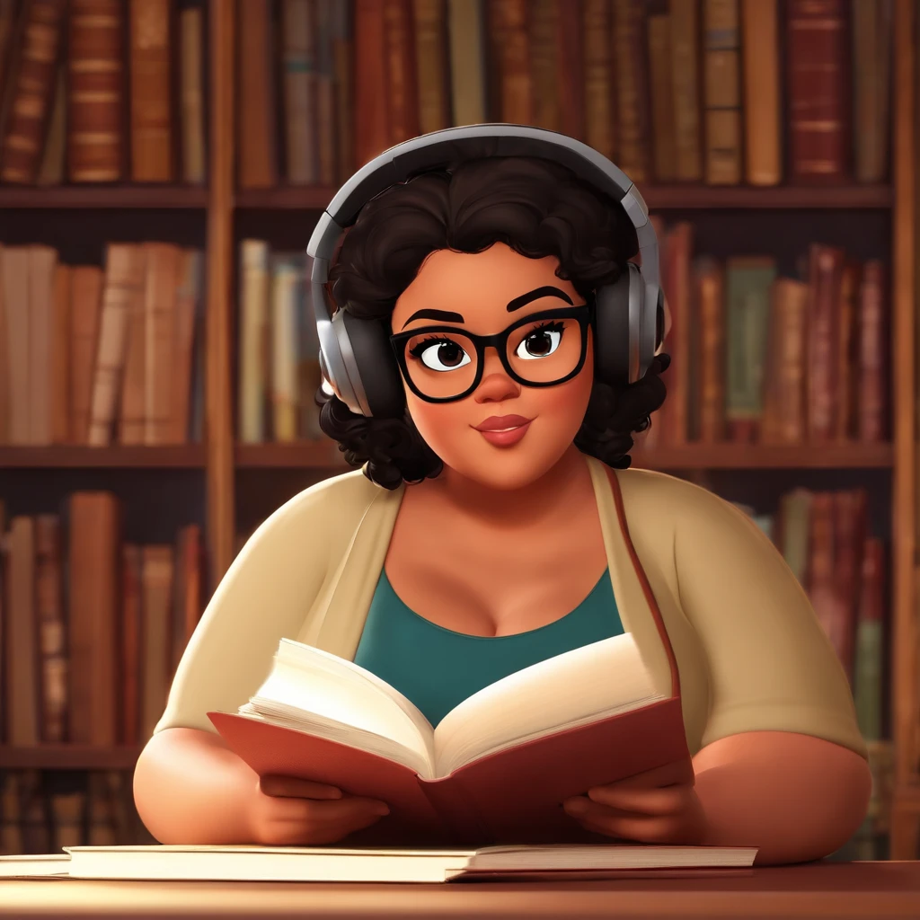 I'd like a 4K 3D animation in the style of Disney Pixar. The character is a chubby 22-year-old woman with black hair, curly and shoulder-length. eyes are dark brown. The character's body is fat, com seios grandes. She wears clear square glasses. The mouth is fleshy and the skin color is white. The animation backdrop is a library, where the character is carrying books and wearing headphones illuminated by a dim light with the background of a library