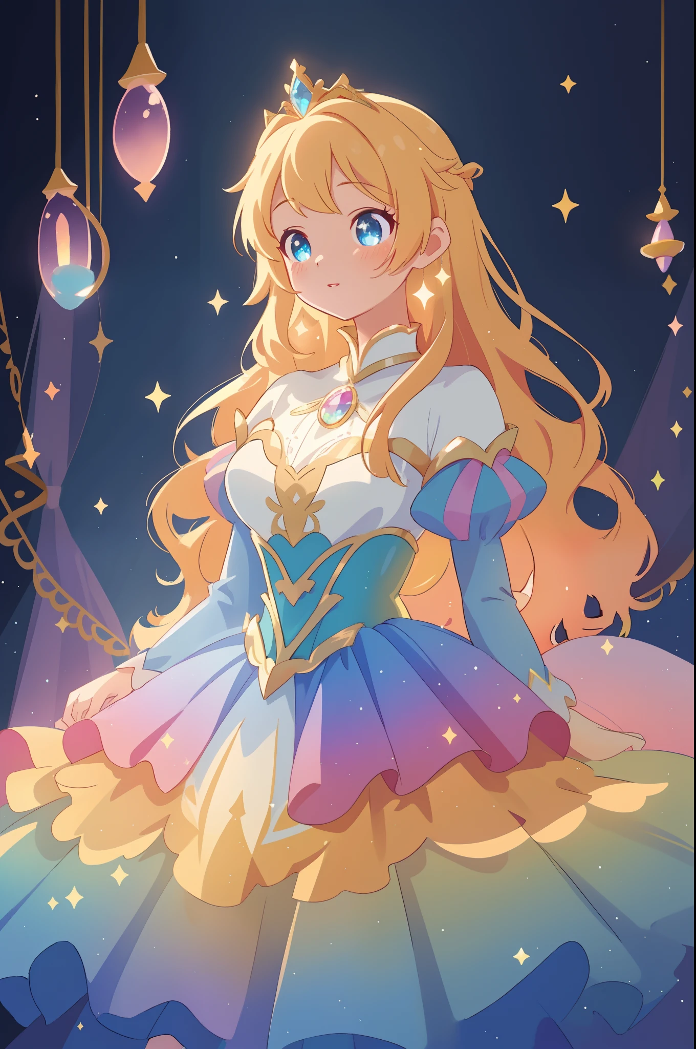 beautiful anime girl, princess, colorful fantasy princess layered ballgown, colorful rainbow layered ballgown dress, fantasia background, sparkling lights, sparkling ballgown, twinkling lights, magical, soft pastel colors, (masterpiece), best quality, sharp focus, intricate details, highly detailed, detailed dress design, sharp focus, high resolution, 8k resolution, beautiful face, golden ratio, perfection, perfect composition, sparkling eyes, highly detailed eyes, perfect face, beautiful, sparkling lights, dark background, cinematic lighting, long wavy blonde hair
