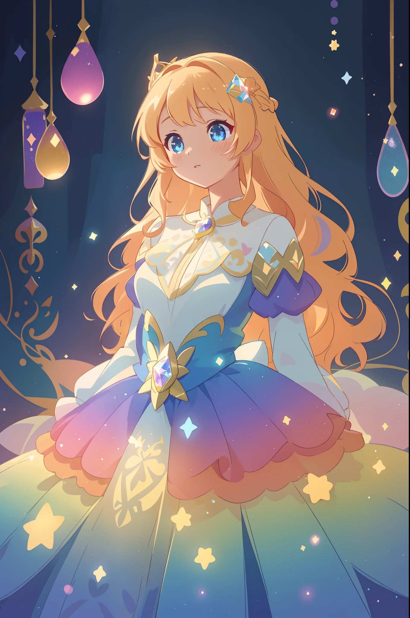 beautiful anime girl, princess, colorful fantasy princess layered ballgown, colorful rainbow layered ballgown dress, fantasia background, sparkling lights, sparkling ballgown, twinkling lights, magical, soft pastel colors, (masterpiece), best quality, sharp focus, intricate details, highly detailed, detailed dress design, sharp focus, high resolution, 8k resolution, beautiful face, golden ratio, perfection, perfect composition, sparkling eyes, highly detailed eyes, perfect face, beautiful, sparkling lights, dark background, cinematic lighting, long wavy blonde hair