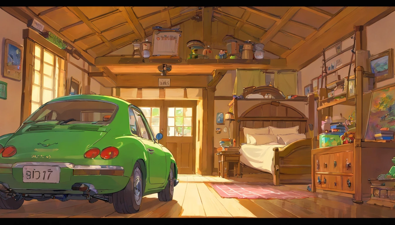 A brown daddy bear,anthropomorphic turtle,He wore a T-shirt ,are standing, Look at the toy car that you accidentally smashed,guilt,unhelpless,Detail portrayal,cozy room,Study desk,Beds,toys,The colors are bright and bright,Ghibli-like colors,three sided view,move chart,Masterpiece - the car