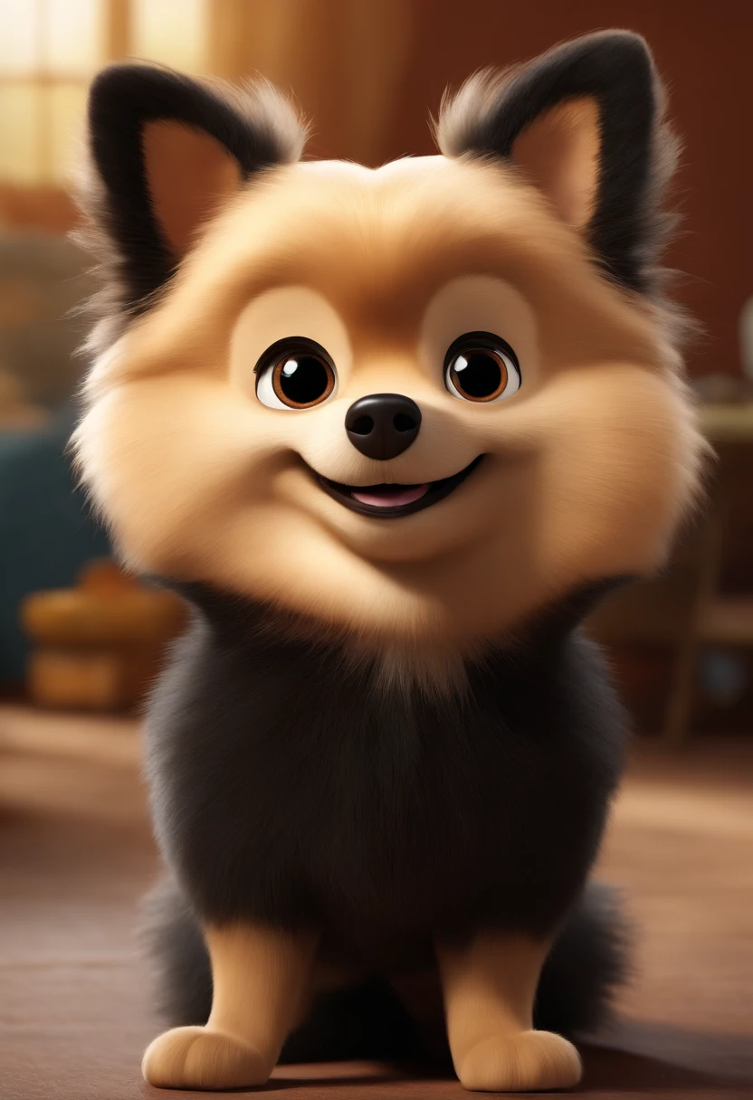 Animated poster for the Disney Pixar film of a small German spitz with black-colored fur and a mustache coloured in dark caramel, e com cabelos cor de preto, grandes olhos negros, muito peludo!