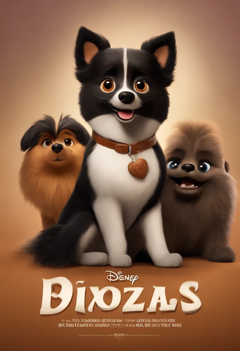 Animated poster for the Disney Pixar film of a small German spitz with black-colored fur and a mustache coloured in dark caramel, e com cabelos cor de preto, grandes olhos negros, muito peludo!