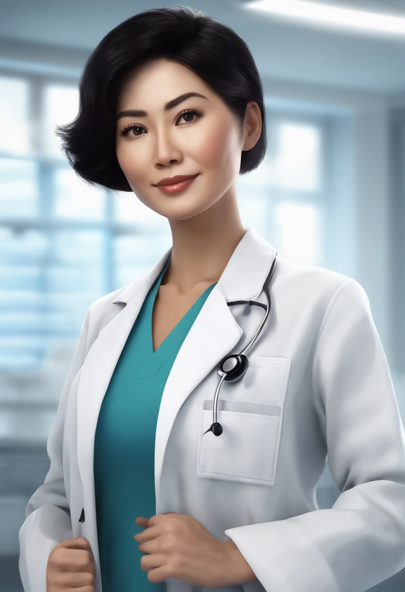 Japanese veterinarian woman with short black hair, wearing a doctor's lab coat, , fundo branco, barnet, Tom, Estilo Pixar, ....3d, desenhos animados, rosto detalhado, asymmetrical 16k