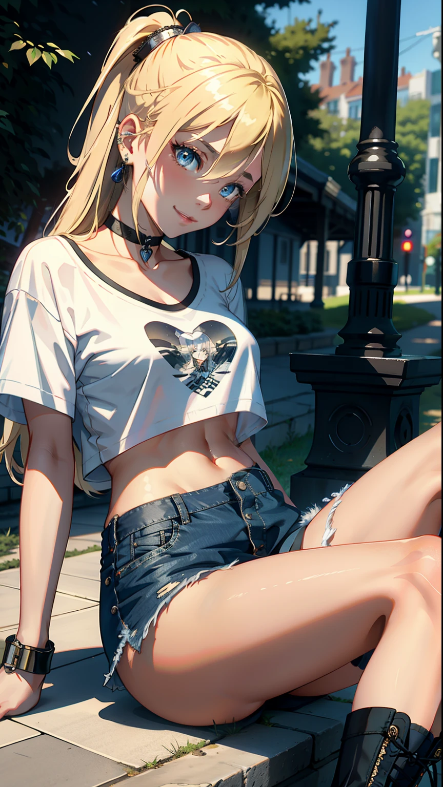 1girl, short blonde hair, blue eyes, wearing plain white crop top, denim shorts, city, absurdres, high res, ultrasharp, 8K, masterpiece, with naughty expressions, wear long sockswear long socks, wearing white sneakers, hands folded behind the body