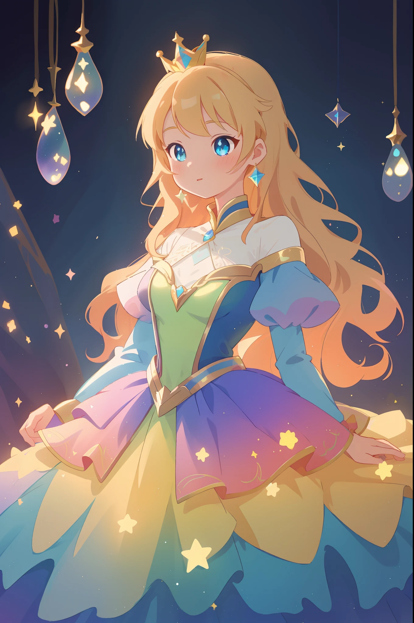 beautiful anime girl, princess, colorful fantasy princess layered ballgown, colorful rainbow layered ballgown dress, fantasia background, sparkling lights, sparkling ballgown, twinkling lights, magical, soft pastel colors, (masterpiece), best quality, sharp focus, intricate details, highly detailed, detailed dress design, sharp focus, high resolution, 8k resolution, beautiful face, golden ratio, perfection, perfect composition, sparkling eyes, highly detailed eyes, perfect face, beautiful, sparkling lights, dark background, cinematic lighting, long wavy blonde hair