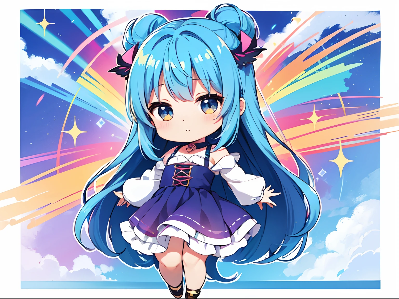 3 cute chibi characters With the wings of a big rainbow-colored angel that sparkles、Flying in the sky、long hair with blue hair((Chibi Chara))、Fluffy、girl with、Chibi Chara、full body Esbian、Pastel colors hair、masutepiece、top-quality、Large in the center