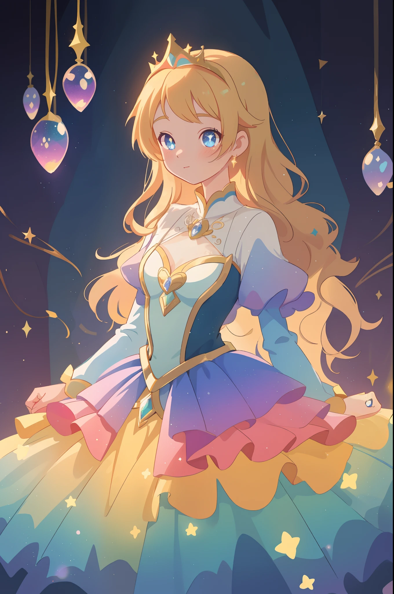 beautiful anime girl, princess, colorful fantasy princess layered ballgown, colorful rainbow layered ballgown dress, fantasia background, sparkling lights, sparkling ballgown, twinkling lights, magical, soft pastel colors, (masterpiece), best quality, sharp focus, intricate details, highly detailed, detailed dress design, sharp focus, high resolution, 8k resolution, beautiful face, golden ratio, perfection, perfect composition, sparkling eyes, highly detailed eyes, perfect face, beautiful, sparkling lights, dark background, cinematic lighting, long wavy blonde hair