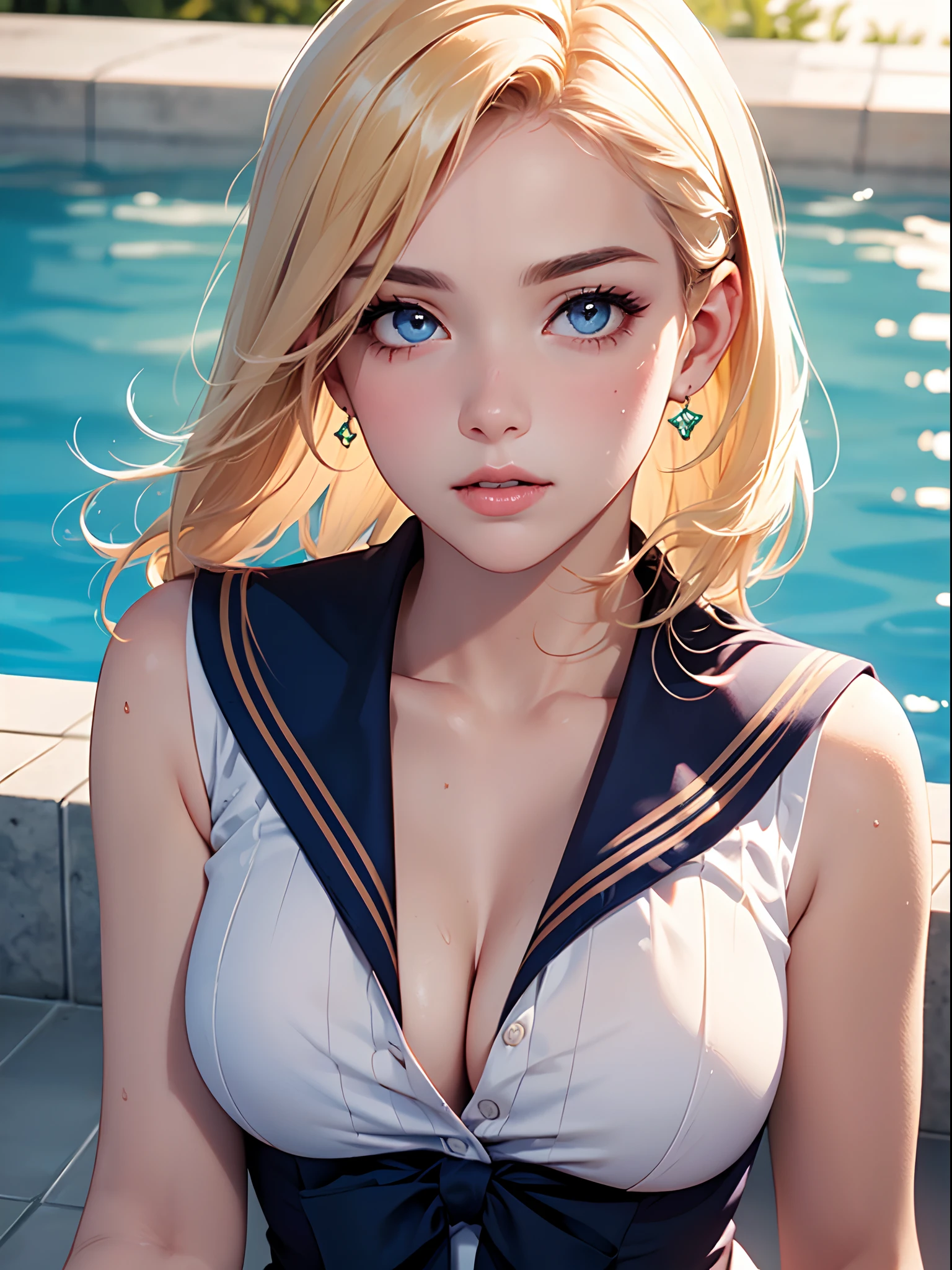 close up of upper body, (large breasts), (cleavage), ((Smooth texture, Realistic texture, Photorealistic)), (Detailed beautiful eyes, Beautiful eyelashes, emerald eyes), blonde medium hair, extremely detailed CG unified 8k wallpaper, very fine 8KCG wallpaper, (masterpiece, Best Quality), High resolution, Ultra-detailed, ultra-sharp, 1 woman, at poolside, ((( shee rwhite sailor shirt, Sleeveless, Open front))), (Beautiful face, Cute face, Detailed face), (((Sunny))), Perfect Eyes Eyes