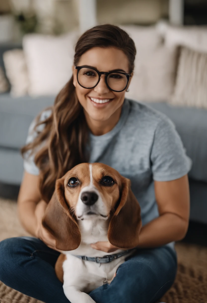 Pixar. Casal com um filhote de cachorro beagle marrom. A tem os cabelos loiros amarrados, Camiseta cinza e jeans claro, white glasses. O meninobelos pretos com cabelos grisalhos, barba pequena, oculos, Dark blue jeans and gray t-shirt. They are both smiling and are 40 years old