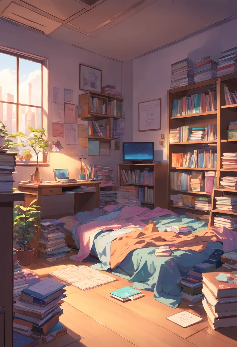 Best quality,4K,A high resolution,Masterpiece:1.2),Ultra-detailed,Realistic:1.37,Messy bedroom,There is no one inside, The socks under the bed do not match, Purple pants on the floor, The drawer of the desk was full of documents and books, Dirty laundry is scattered throughout the room, dusty atmosphere, Dim lighting, Cluttered room, Overlooked plants in the corner, Piles of unfolded clothes, Cluttered bookshelves,It is full of books and trinkets
