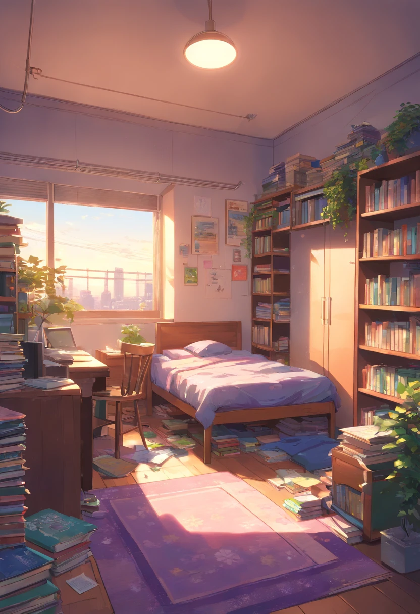 Best quality,4K,A high resolution,Masterpiece:1.2),Ultra-detailed,Realistic:1.37,Messy bedroom,There is no one inside, The socks under the bed do not match, Purple pants on the floor, The drawer of the desk was full of documents and books, Dirty laundry is scattered throughout the room, dusty atmosphere, Dim lighting, Cluttered room, Overlooked plants in the corner, Piles of unfolded clothes, Cluttered bookshelves,It is full of books and trinkets