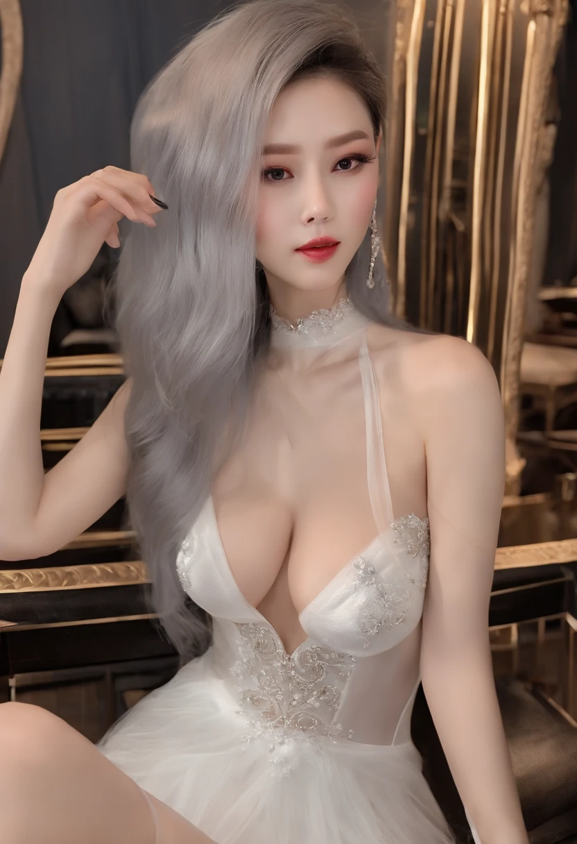 Sexy royal sister,Long five-color hair,Tall and thin,Transparent deep V-top,see-through thong,high-heels,Bright stockings,thighs thighs thighs thighs,White pedicure,Back against the wall,Glossy flooring,Showroom background, 超高分辨率