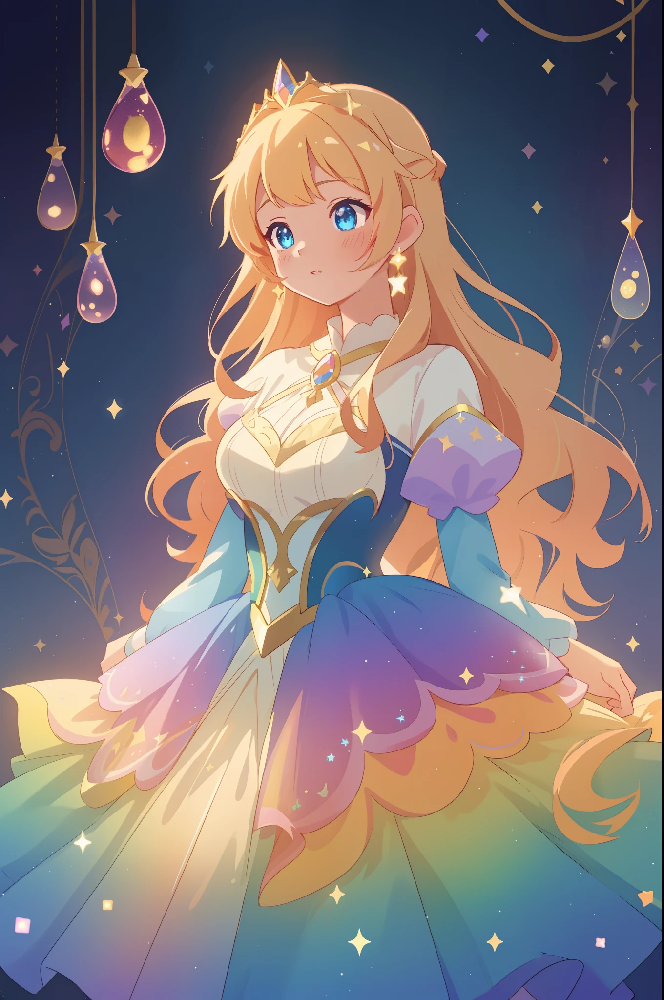 beautiful anime girl, princess, colorful fantasy princess layered ballgown, colorful rainbow layered ballgown dress, fantasia background, sparkling lights, sparkling ballgown, twinkling lights, magical, soft pastel colors, (masterpiece), best quality, sharp focus, intricate details, highly detailed, detailed dress design, sharp focus, high resolution, 8k resolution, beautiful face, golden ratio, perfection, perfect composition, sparkling eyes, highly detailed eyes, perfect face, beautiful, sparkling lights, dark background, cinematic lighting, long wavy blonde hair