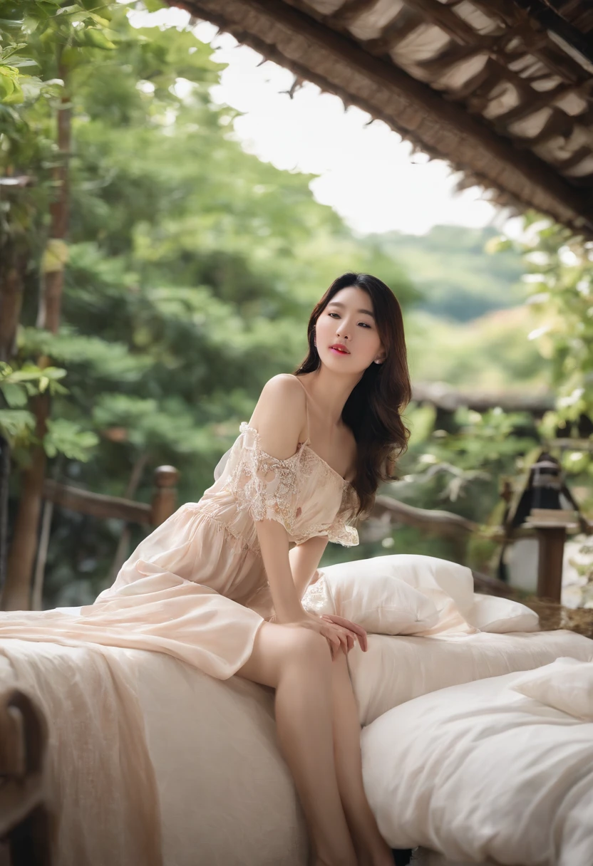 ((top-quality、8K、tmasterpiece:1.3))、Beautuful Women、Hide your face、1girl in、Beautiful udder:1.3、Slender abs:1.1、camisole、nedium breasts、Long black hair、(When sitting on the bed)、com rosto detalhado、Very detailed lips、A detailed eye、二重まぶた、Beautiful legs 1.9、komono、Kimono 1.8