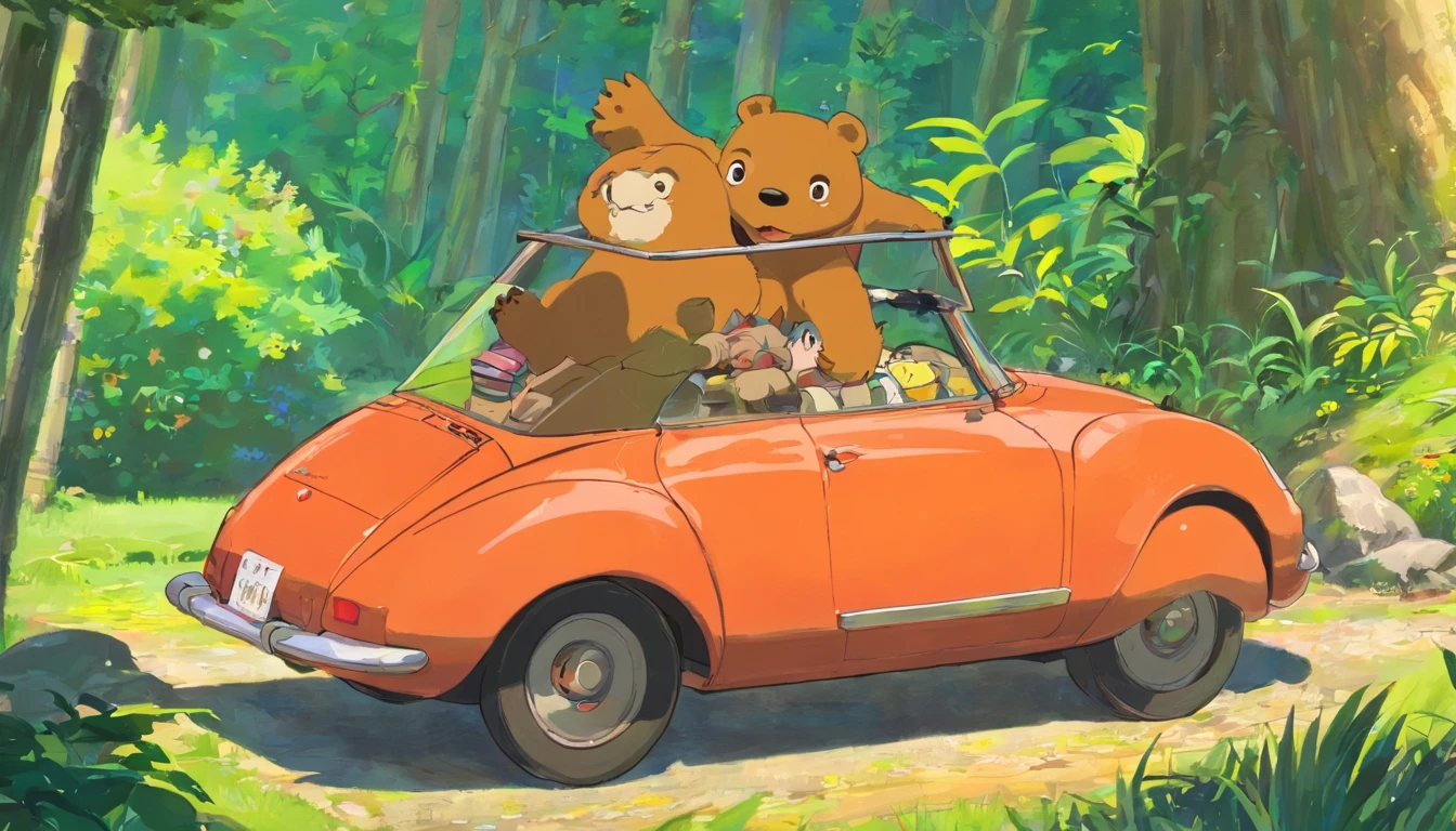 A brown daddy bear,anthropomorphic turtle,He wore a T-shirt ,are standing, Look at the toy car that you accidentally smashed,guilt,unhelpless,Detail portrayal,,The colors are bright and bright,Ghibli-like colors,three sided view,