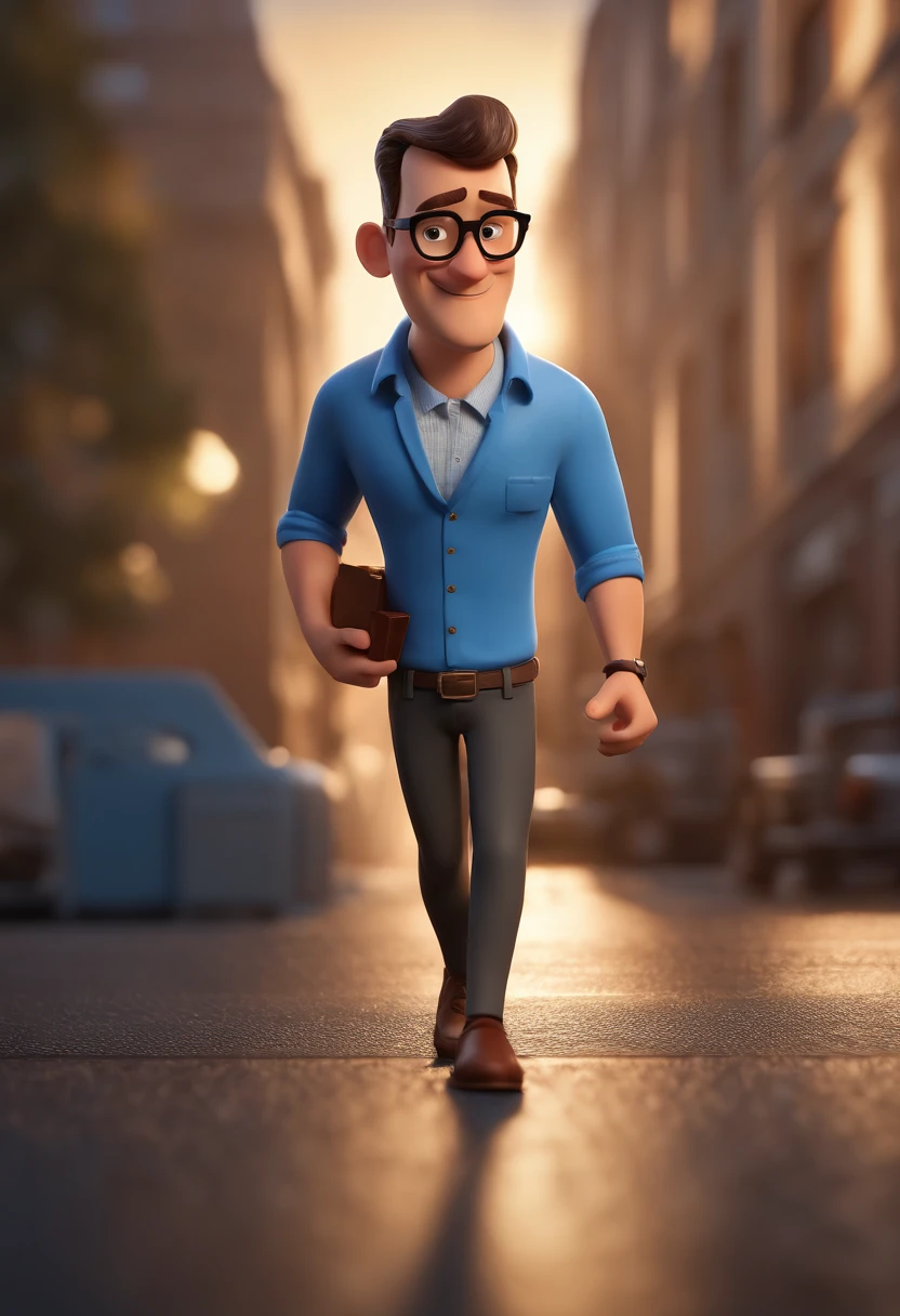 Cartoon character of a man with black glasses and a blue shirt, animation character, Caractere estilizado, animation style rendering, 3D estilizado, Arnold Maya render, 3 d render stylized, toon render keyshot, Personagem 3D, Personagem 3D, 3d rendering stylized, 3 d character render, personagem de desenho animado, Personagem de close up, Pose de personagem,  (Estilo Pixar) (master part:1.2) (Bokeh) (best quality) (pele detalhada) (textura detalhada) (8k) (argila) (Cinematic lighting) (foco nítido