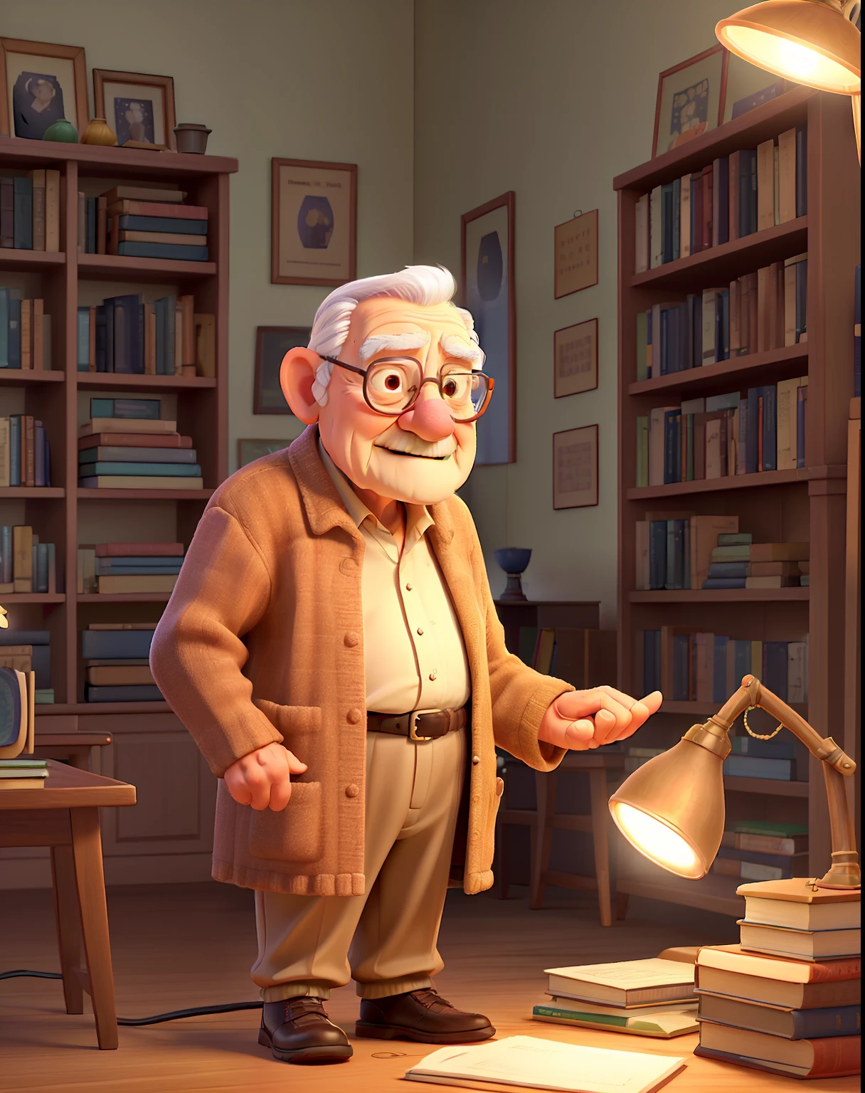 A wise old man standing in front, illuminated by the light of a lamp, against the backdrop of a library