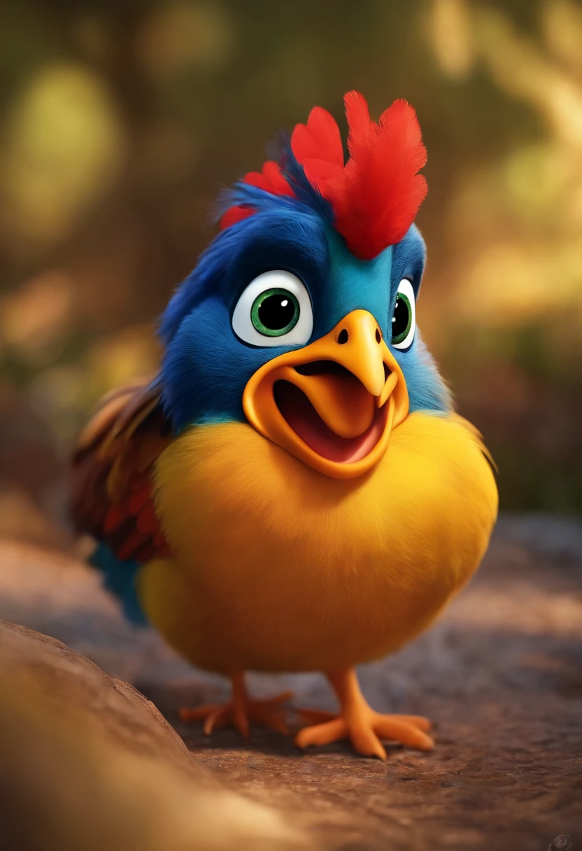 crie um personagem de um frango estilo Disney Pixar, feliz