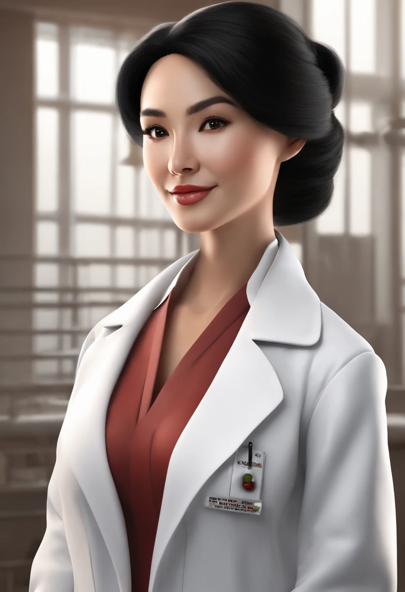 Japanese veterinarian woman with black hair, wearing a doctor's lab coat, segurandobum gato cinza no colo , fundo branco, barnet, Tom, Estilo Pixar, ....3d, desenhos animados, rosto detalhado, asymmetrical 16k