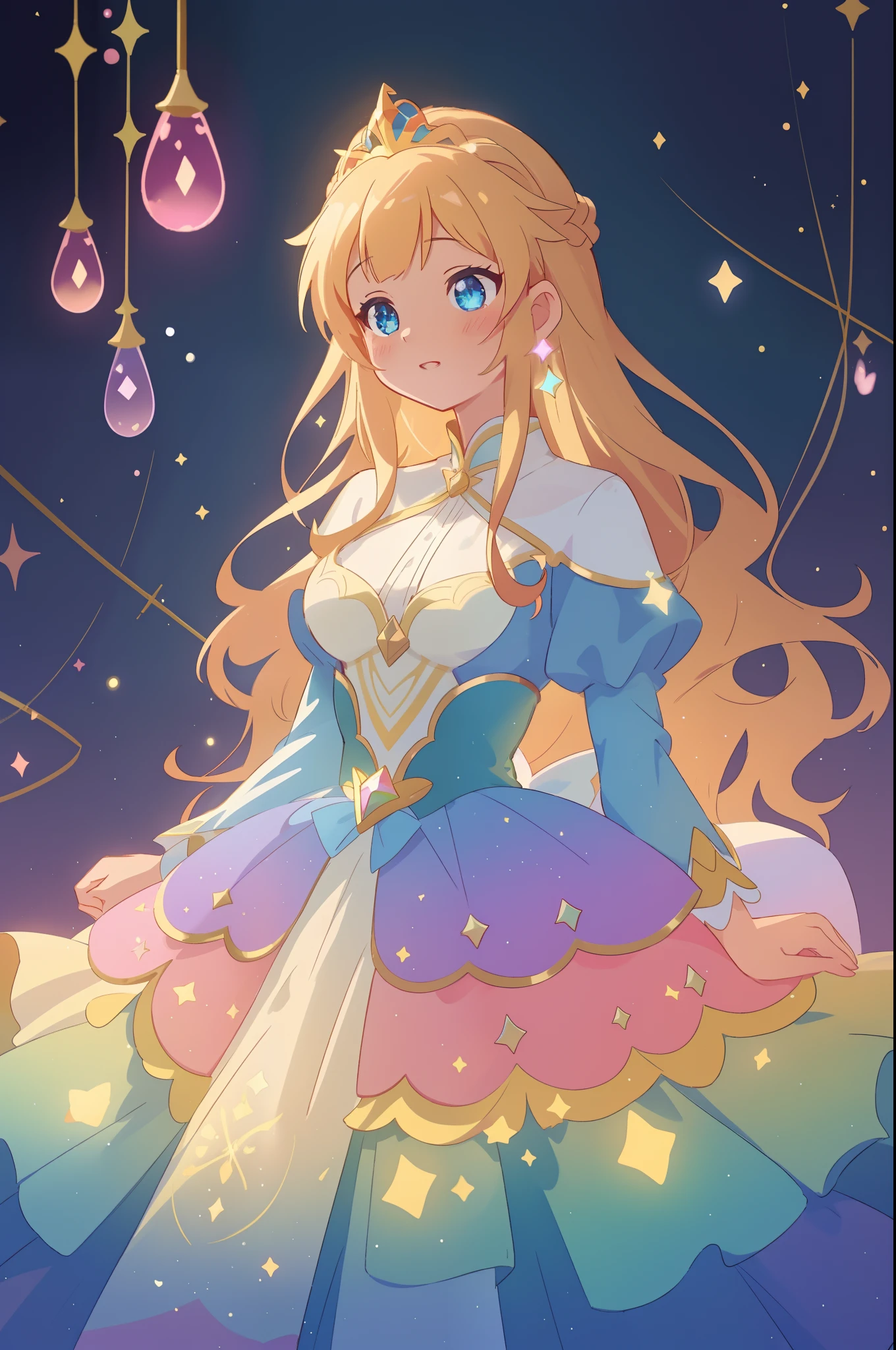 beautiful anime girl, princess, colorful fantasy princess layered ballgown, colorful rainbow layered ballgown dress, fantasia background, sparkling lights, sparkling ballgown, twinkling lights, magical, soft pastel colors, (masterpiece), best quality, sharp focus, intricate details, highly detailed, detailed dress design, sharp focus, high resolution, 8k resolution, beautiful face, golden ratio, perfection, perfect composition, sparkling eyes, highly detailed eyes, perfect face, beautiful, sparkling lights, dark background, cinematic lighting, long wavy blonde hair