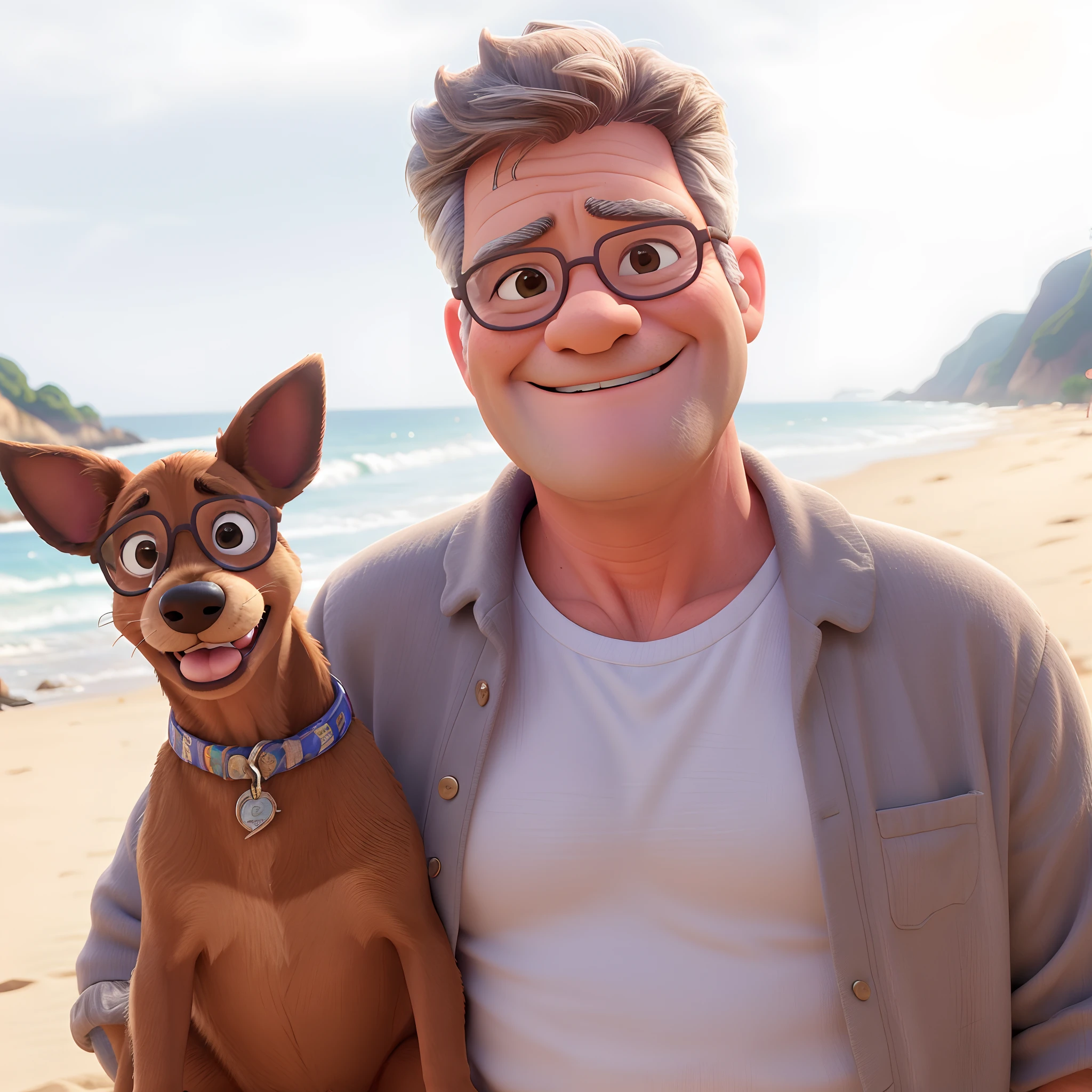 qualidade de imagem do filme,Disney Animation Style,There's a 63-year-old man, with reading glasses, segurando um cachorro na praia, in the sunset,Feliz, sorridente,Simon Cowell • , with his hyperactive little dog, BoJack Horseman na vida real