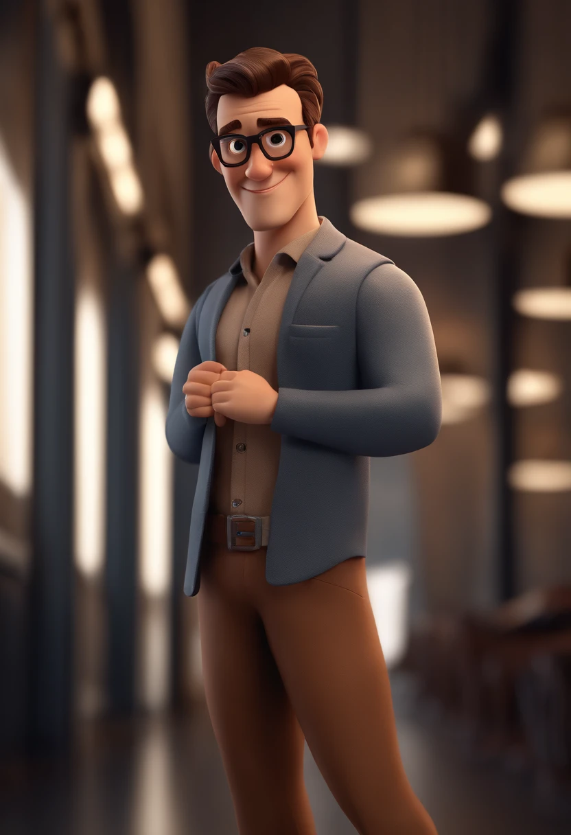 Cartoon character of a man with black glasses, cabelo cacheado marrom escuro e uma camisa azul, animation character, Caractere estilizado, animation style rendering, 3D estilizado, Arnold Maya render, 3 d render stylized, toon render keyshot, Personagem 3D, Personagem 3D, 3d rendering stylized, 3 d character render, personagem de desenho animado, Personagem de close up, Pose de personagem, (Estilo Pixar) (master part:1.2) (Bokeh) (best quality) (pele detalhada) (textura detalhada) (8k) (argila) (Cinematic lighting) (foco nítido