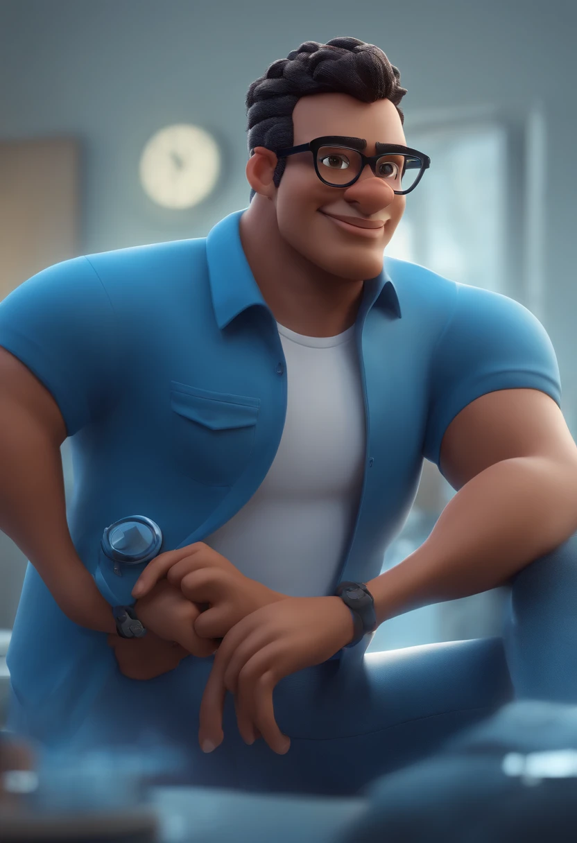 Cartoon character of a man wearing black glasses and a blue shirt, um personagem animado, Caractere estilizado, animation style rendering, 3D estilizado. Gordinho, baixa estatura