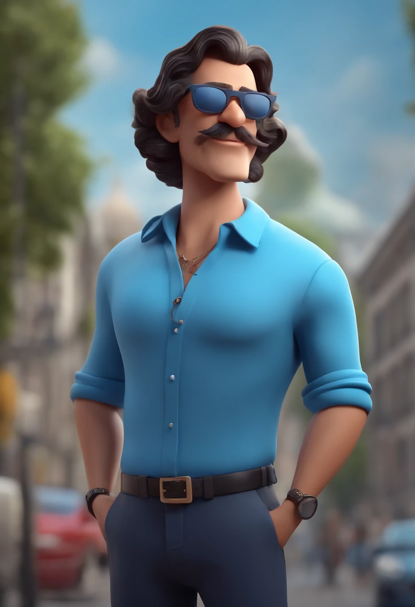 Cartoon character of a man wearing black glasses and a blue shirt, um personagem animado, Caractere estilizado, animation style rendering, 3D estilizado. Gordinho, baixa estatura