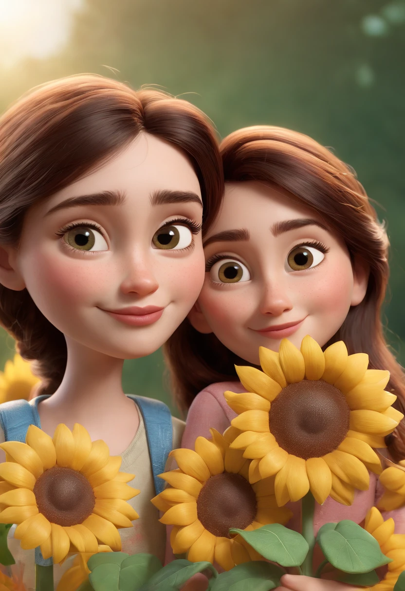 Create a Disney PIXAR-style 3D poster. ((centro da imagem,gemeos)), ((2 )) ((1 menino e 1 meninas ao lado, They're hugging each other, O menino tem pele morena e cabelos pretos e olhos castanhos escuros, 1 menina tem pele morena, olhos e cabelos escuros e lisos longos,)) ((tudo isso no estilo Disney PIXAR 3D, In the background, A house of sunflowers, Gloria Studio, The garden is full of nature 3D render RTX clay material, estilo de design cartunesco, POP Mart, soft lighting, linhas suaves, Spring tilt, Detailed illustrations of PIXAR 3D, Detalhes hiper-realistas, cor quente no estilo Disney PIXAR 3D))