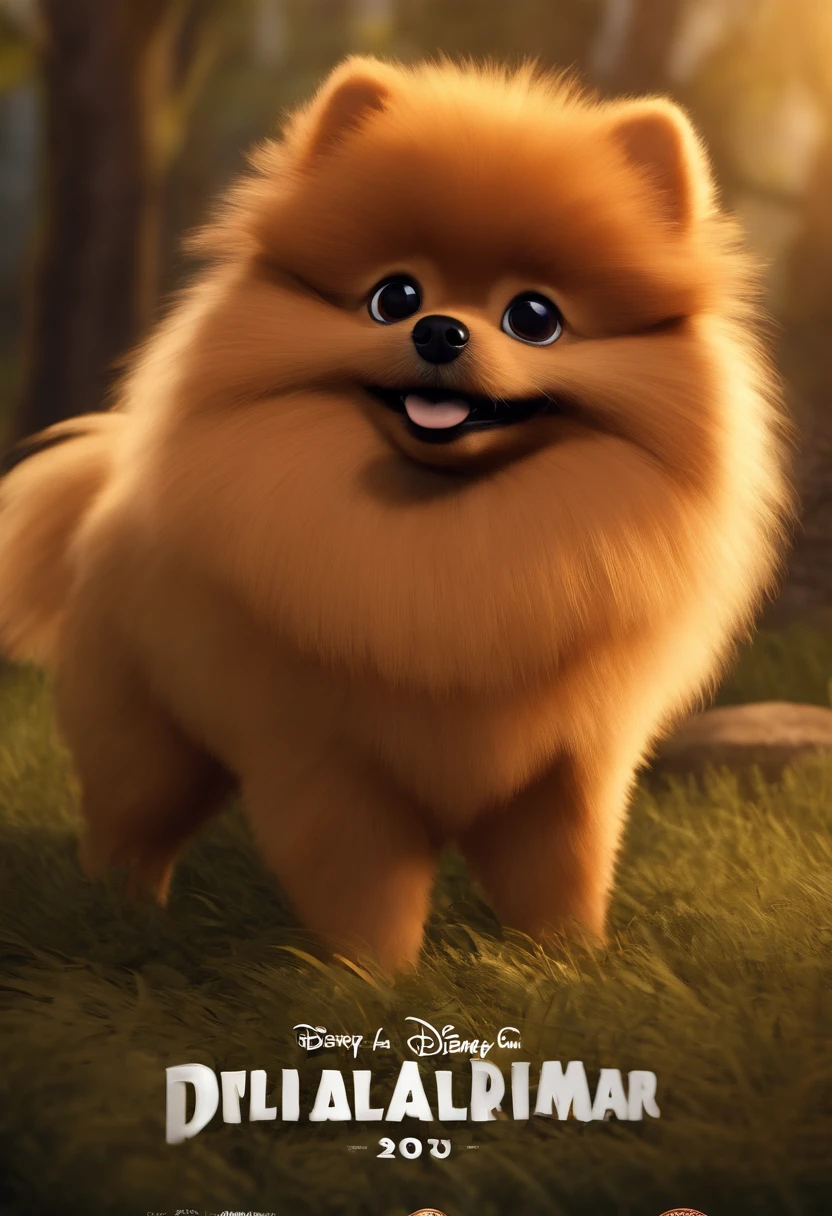Animated poster for the Disney Pixar film of a small German spitz pomeranian with black-colored fur and a mustache coloured in dark caramel, with the paws caramel-coloured. With very much fur and coloured-black.