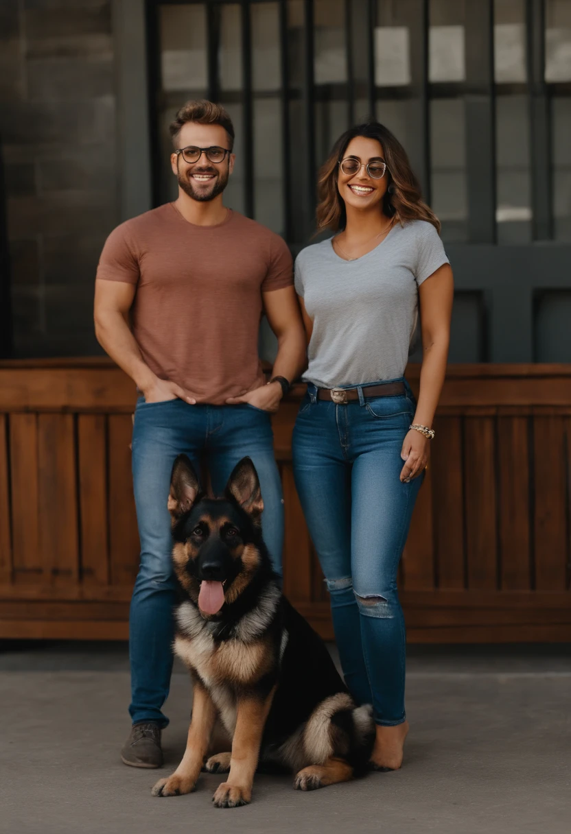 Pixar. Couple with two German Shepherd puppy. A tem os cabelos loiros amarrados, Camiseta cinza e jeans claro, white glasses. O meninobelos pretos com cabelos de coque tipo samurai, Dark blue jeans and black t-shirt. They are both smiling and are 30 years old