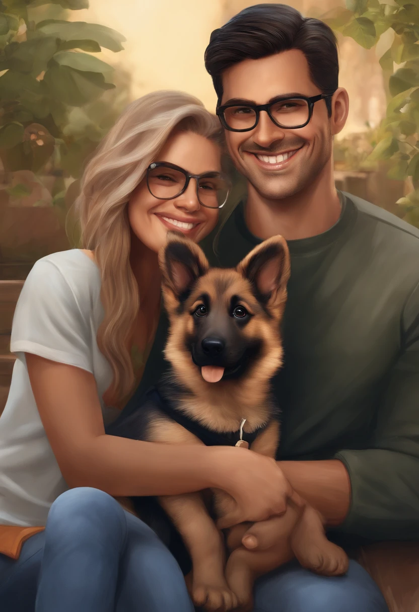 Pixar. Couple with two German Shepherd puppy. A menina tem os cabelos loiros amarrados, Camiseta cinza e jeans claro, white glasses. O menino de cabelos pretos com cabelos de coque tipo samurai, Dark blue jeans and black t-shirt. They are both smiling and are 30 years old