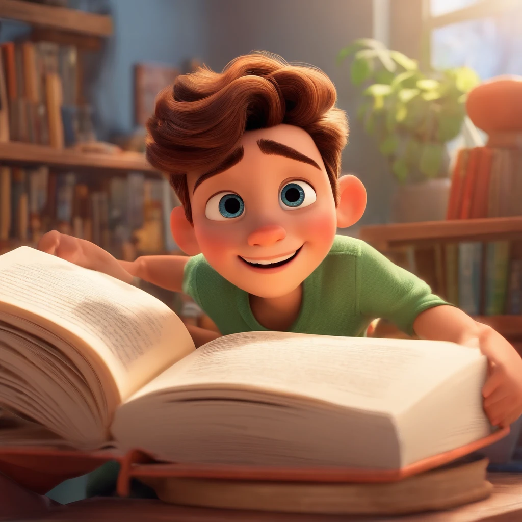 fundo branco, pixar desenhos animados 3D, homem de 24 anos lendo um livro, ::estilo pixar disney
