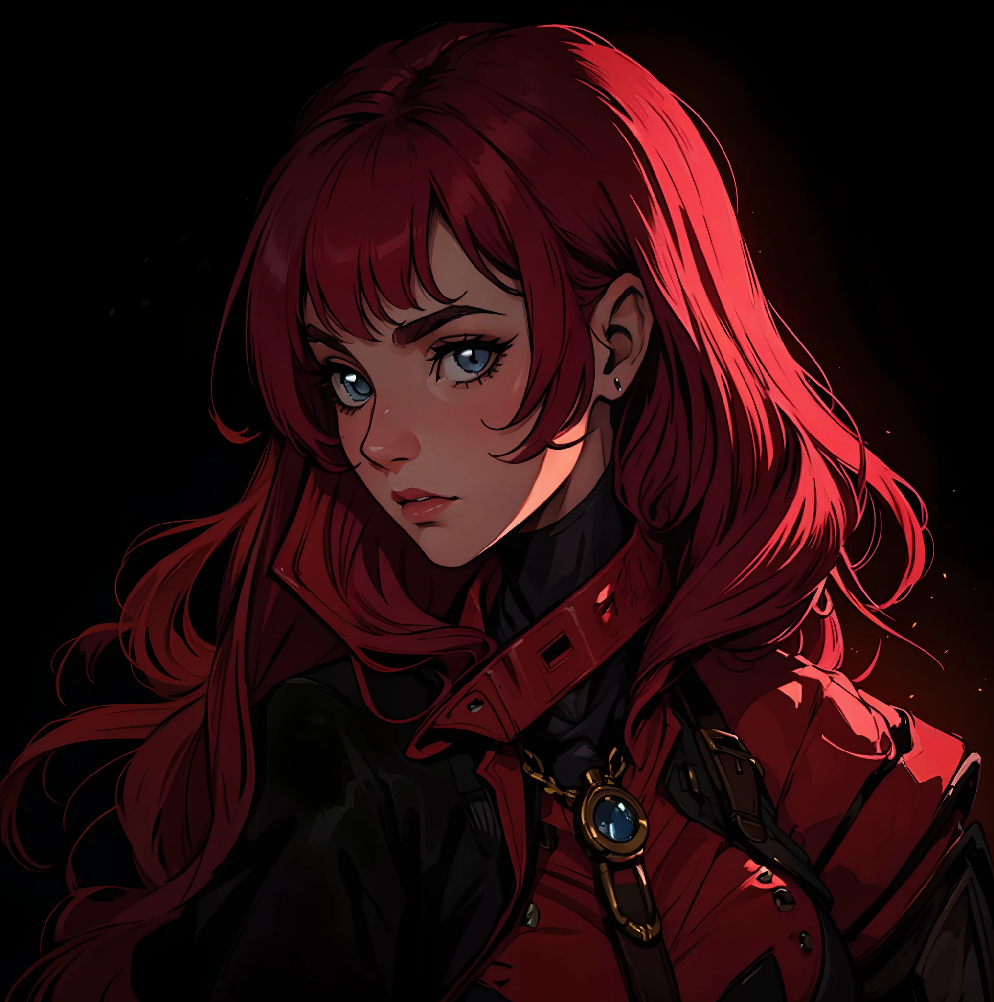 1 Mulher ruiva madura de olhos vermelhos maquiada Noite Fundo Steampunk Uma Arte para um RPG ((Very detailed strokes)) ((melhor qualidade))