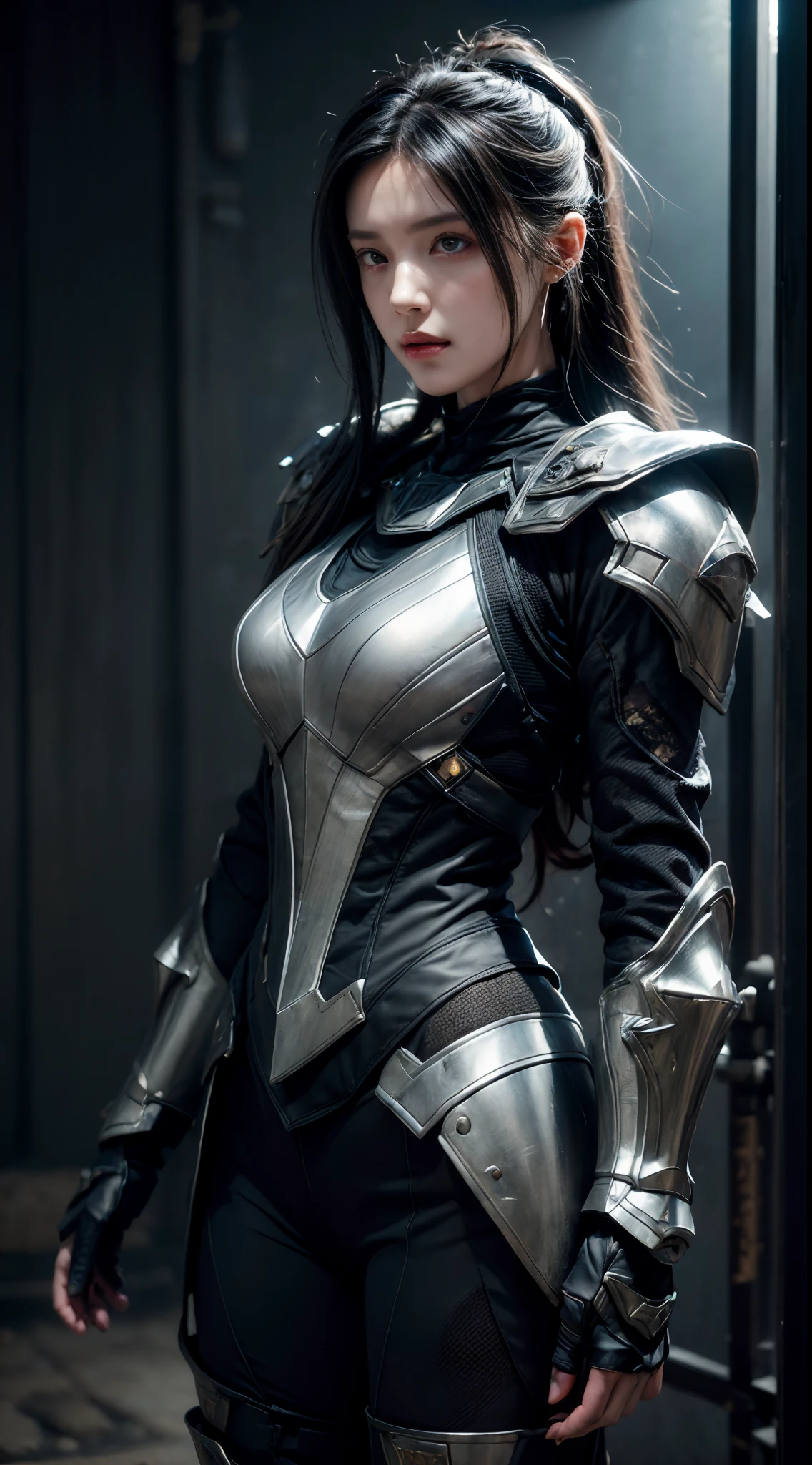 ((top-quality)), ((masterpiece)), (detaileds:1.4),。.。.。.。.。.。.3D, Beautiful Cyberpunk Woman Image,nffsw(HighDynamicRange),Ray traching,NVIDIA RTX,Hyper-Resolution,Unreal 5,Sub-surface scattering,PBR Texturing,Postprocess,Anisotropy Filtering,depth of fields,Maximum clarity and sharpness,multi-layer texture,Albedo and specular maps,Surface Shading,Accurate simulation of light-material interactions,perfectly proportions,Octane Rendering,Two-tone lighting,Wide aperture,Low ISO、White Balance、thirds rule、8K Raw、(Armor with a black dragon design),(((Clothes and armor are tattered))),(((Clothes are stained with dirt or dust))),((Upper body portrait))