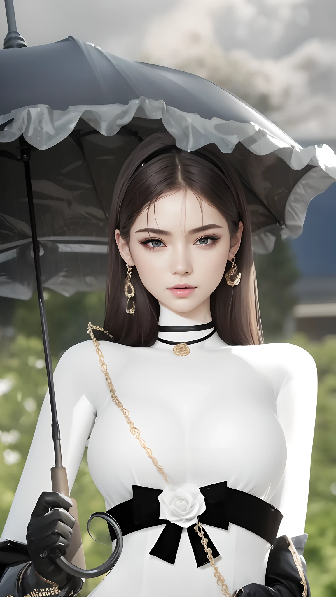 Highly detailed facial and skin texture、A detailed eye, big boobs, big breast, best quality, highly detailed, masterpiece, hair smooth, smooth hair, big boobs, big tits, detail hair, girl with umbrela on rainy days, put rain, put fog