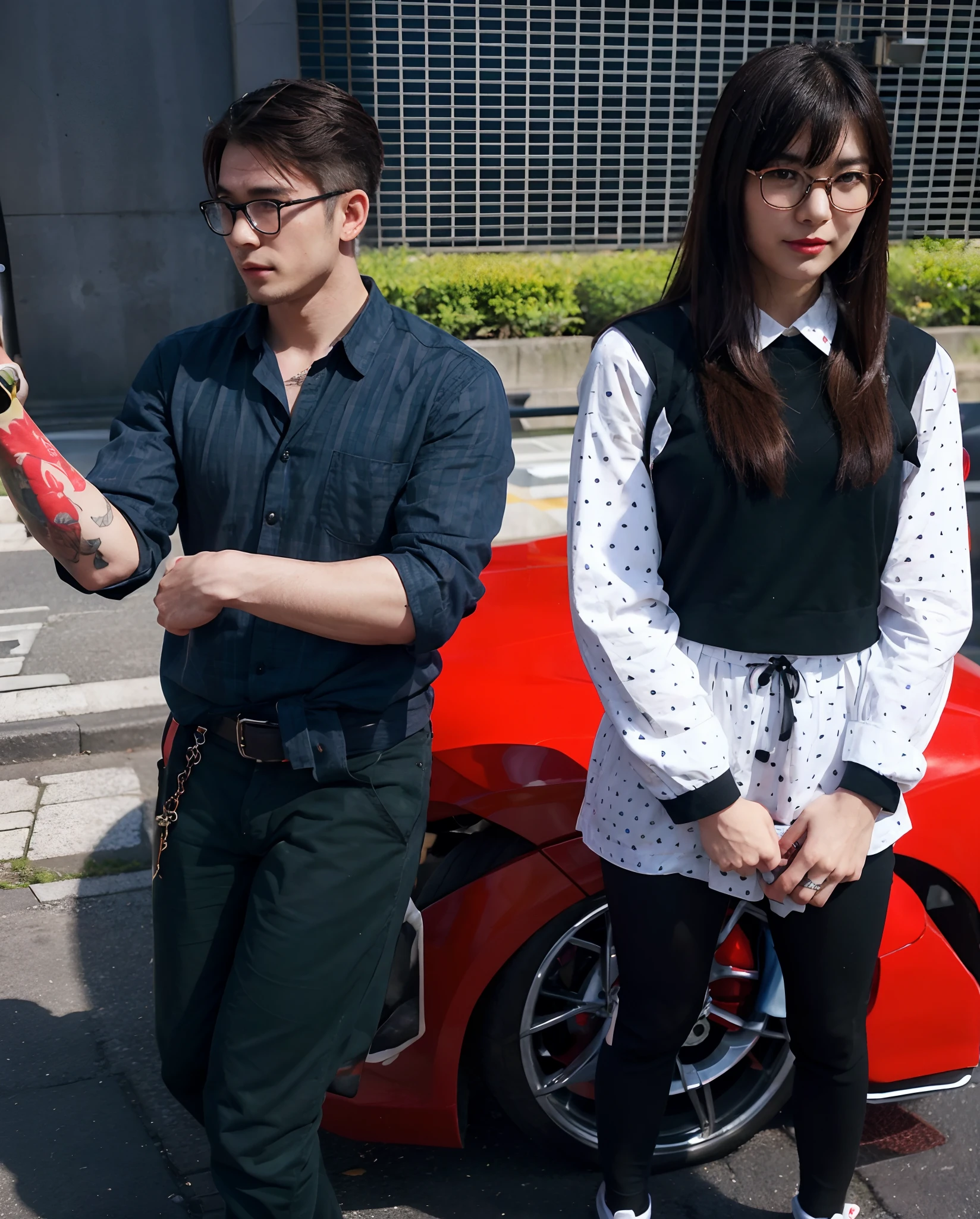Real Japan cute girl with red lips, handsome British man with glasses and tatto on his right arm
