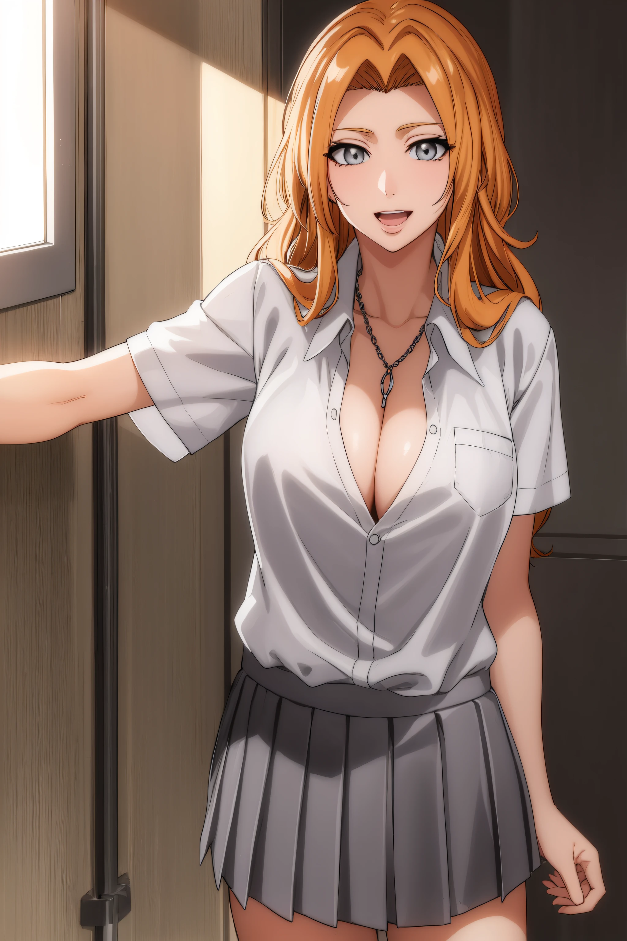 rangikumatsumoto, rangiku matsumoto, long hair, (grey eyes:1.5), orange hair, mole, mole under mouth, parted bangs, open mouth, smile,
BREAK skirt, shirt, cleavage, jewelry, school uniform, pleated skirt, necklace, chain, collar, short sleeves, grey skirt, white shirt,
BREAK indoors, classroom,
BREAK looking at viewer, (cowboy shot:1.5),
BREAK (masterpiece:1.2), best quality, high resolution, unity 8k wallpaper, (illustration:0.8), (beautiful detailed eyes:1.6), extremely detailed face, perfect lighting, extremely detailed CG, (perfect hands, perfect anatomy),